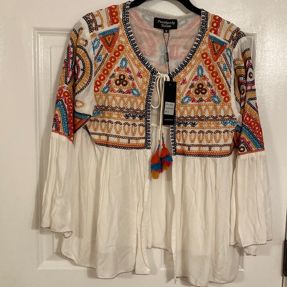 Feathers by Tolani Boho Embroidered Open Style Cropped Southwestern Kimono